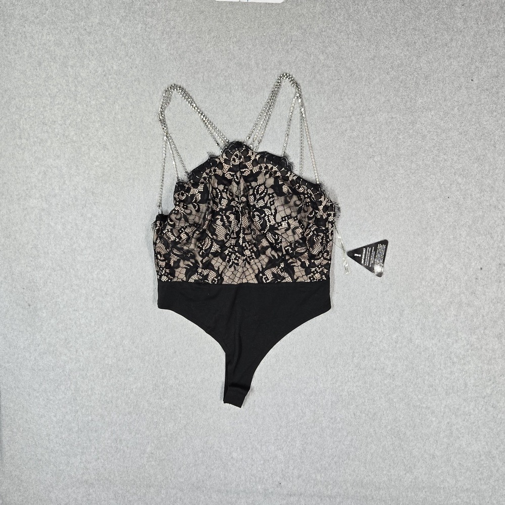 Rare London Women Tank 8 Black Floral Bodysuit Rhinestones Strap‎ Lace Party NWT